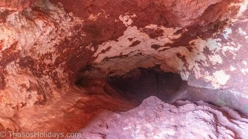 The interion of the Tzines cave in Thassos covered by ochre