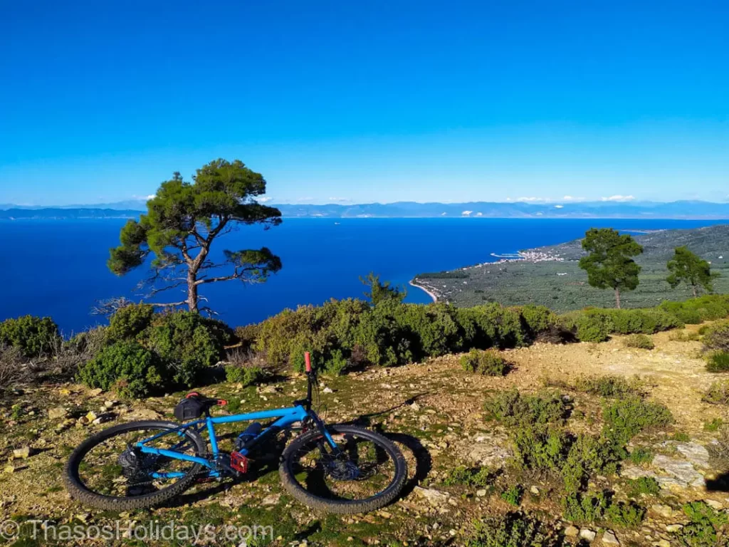 Mountain biking in Thassos above Skala Kallirachi with views over the Aegean