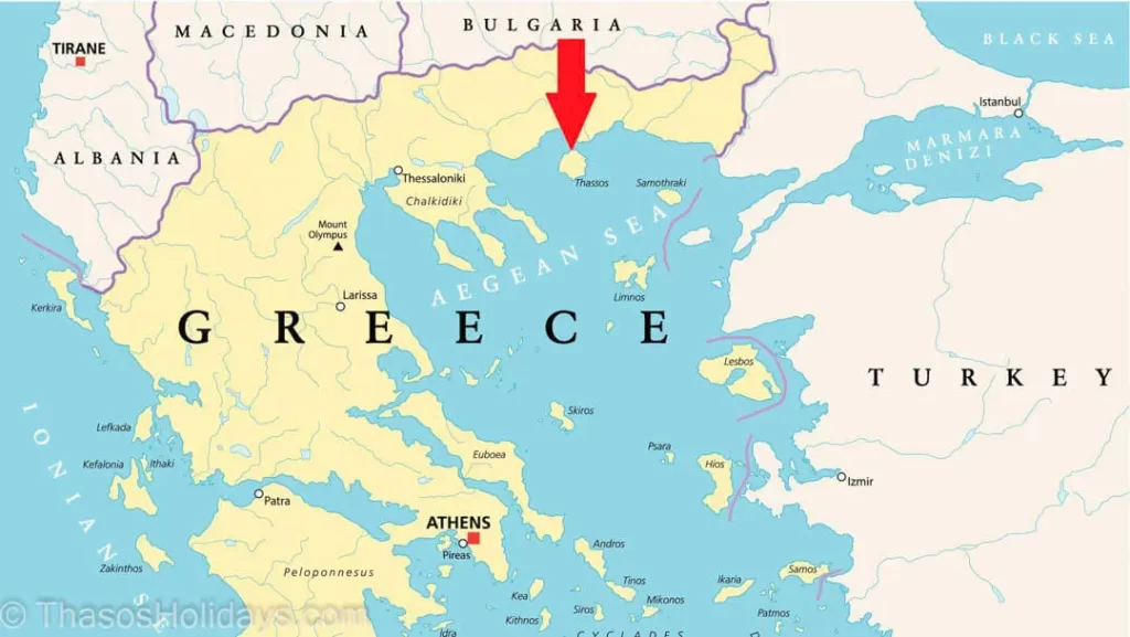 Map of Thassos in the country of Greece
